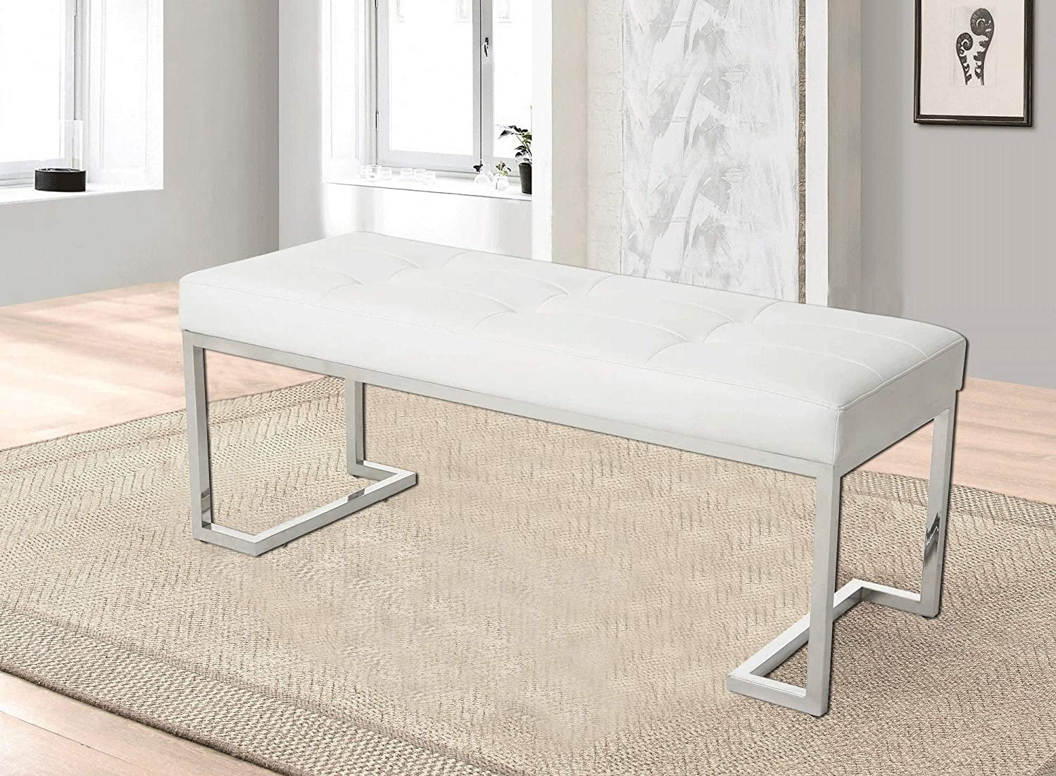 White Rectangle Tufted Faux Leather Bench H205