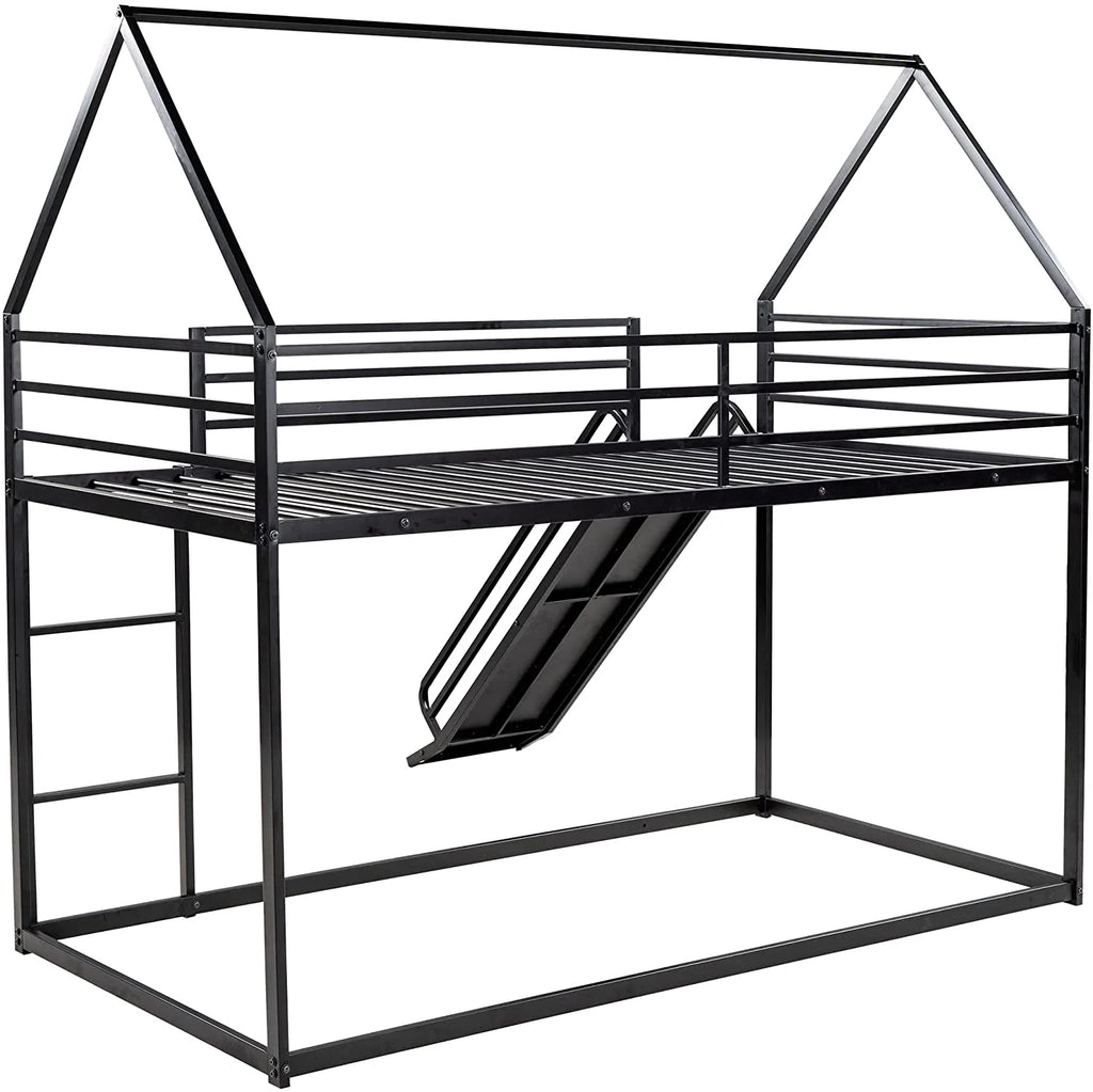 Black Metal Frame Kids Bunk Bed with Slide and Built-In Ladder T6006