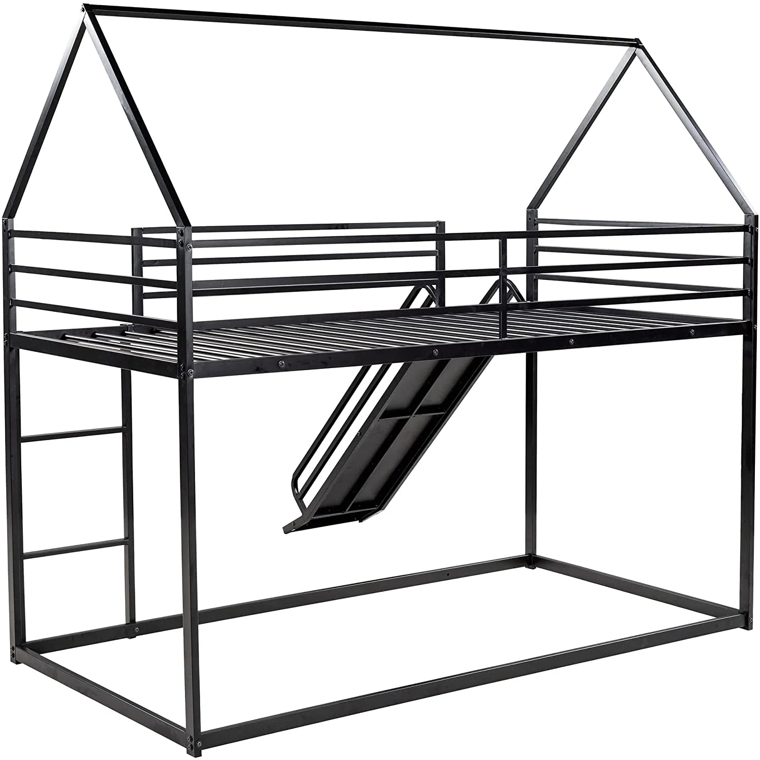 Black Metal Frame Kids Bunk Bed with Slide and Built-In Ladder T6006
