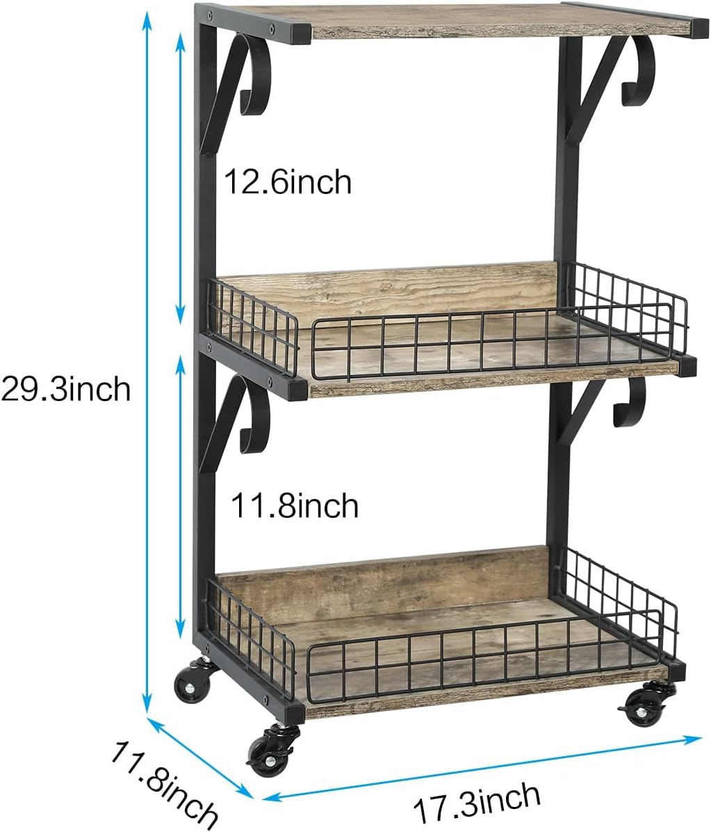 3-Tier Wood/Metal Rolling Utility Cart with Lockable Caster Wheels F83946