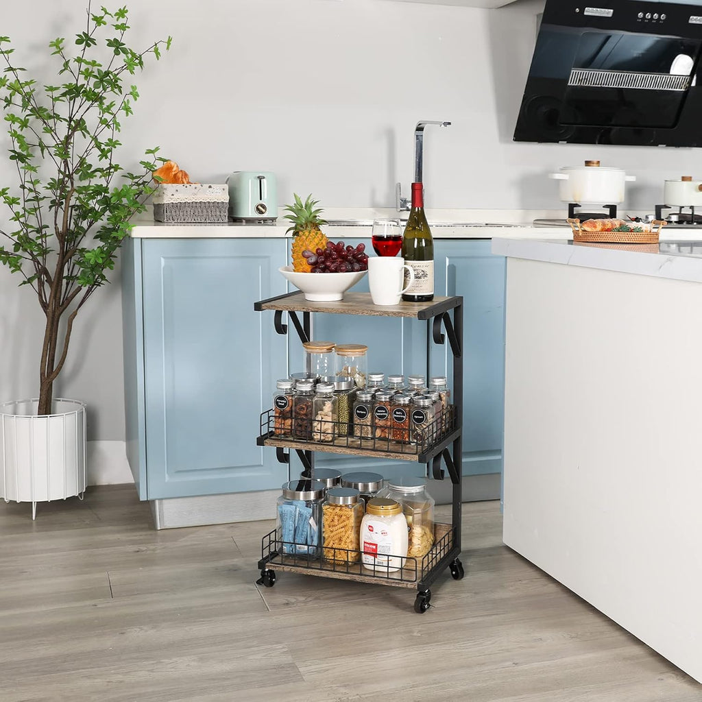 3-Tier Wood/Metal Rolling Utility Cart with Lockable Caster Wheels F83946