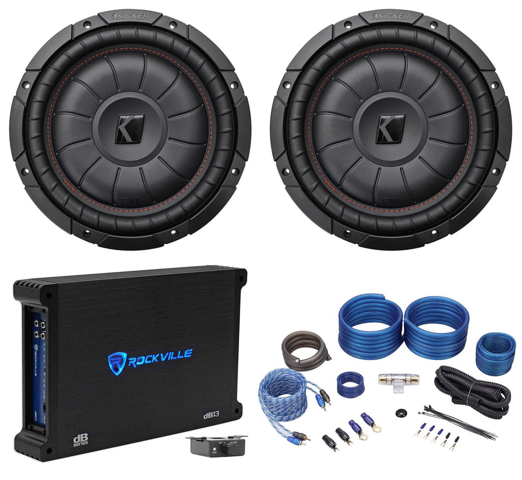 2 Kicker 43CVT104 CompVT 10x22 1600W Shallow Car Subwoofers Mono Amplifier Amp Kit M929758