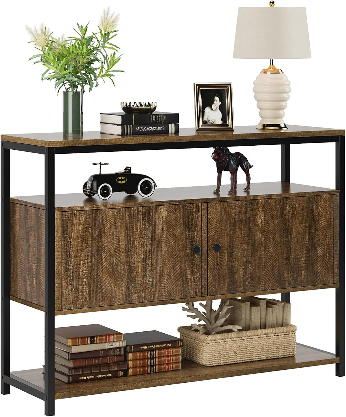 Walnut Brown 3-Tier Console Table with 2 Cabinet Doors D413202