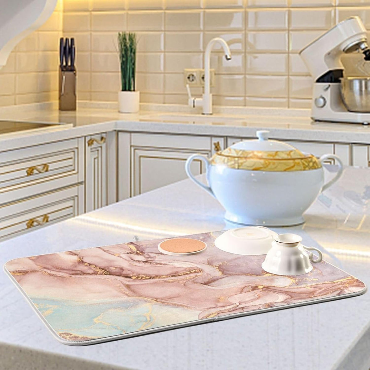 Gold Pink Marble Texture Dish Drying Mat 18x24Inch R792397