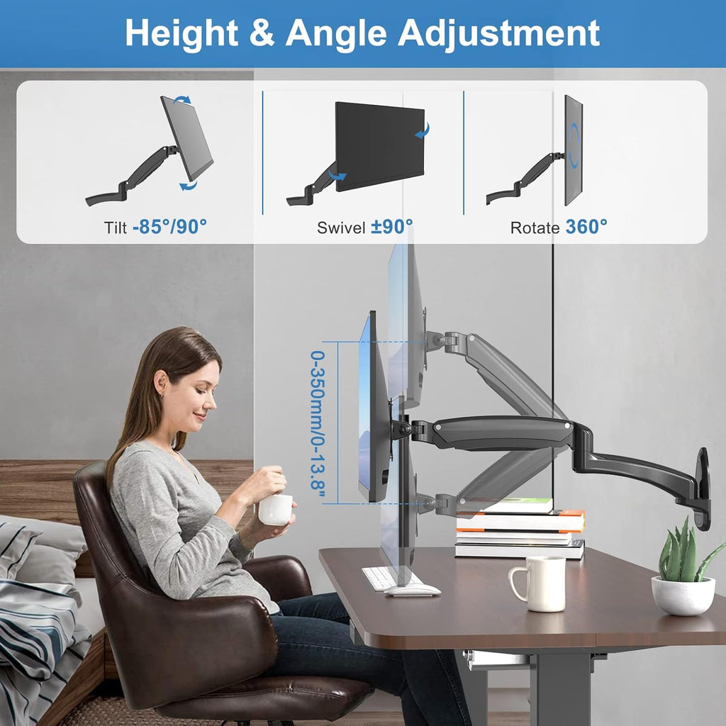 Single Wall Monitor Mount, Full Range Motion Wall Mounted Monitor Arm, Fully Adjustable PC Computer Wall Mount with Extendable Arm Fits up to 27" 13.2lbs Screens Max VESA Size 100x100mm Pack of 2 C53926
