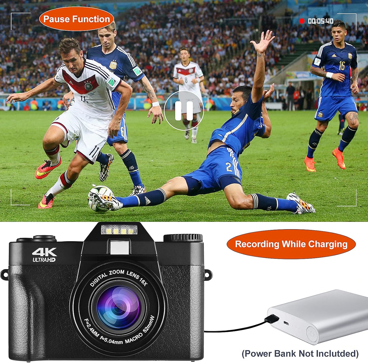 4K Digital Vlogging Camera with WiFi, 48MP, 3.0" IPS Flip Screen, 16X Digital Zoom P6128